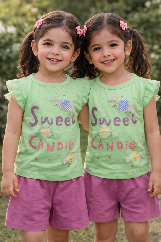 Two young girls wearing matching green shirts with 'Sweet Candie' text and pink shorts, standing outdoors.

