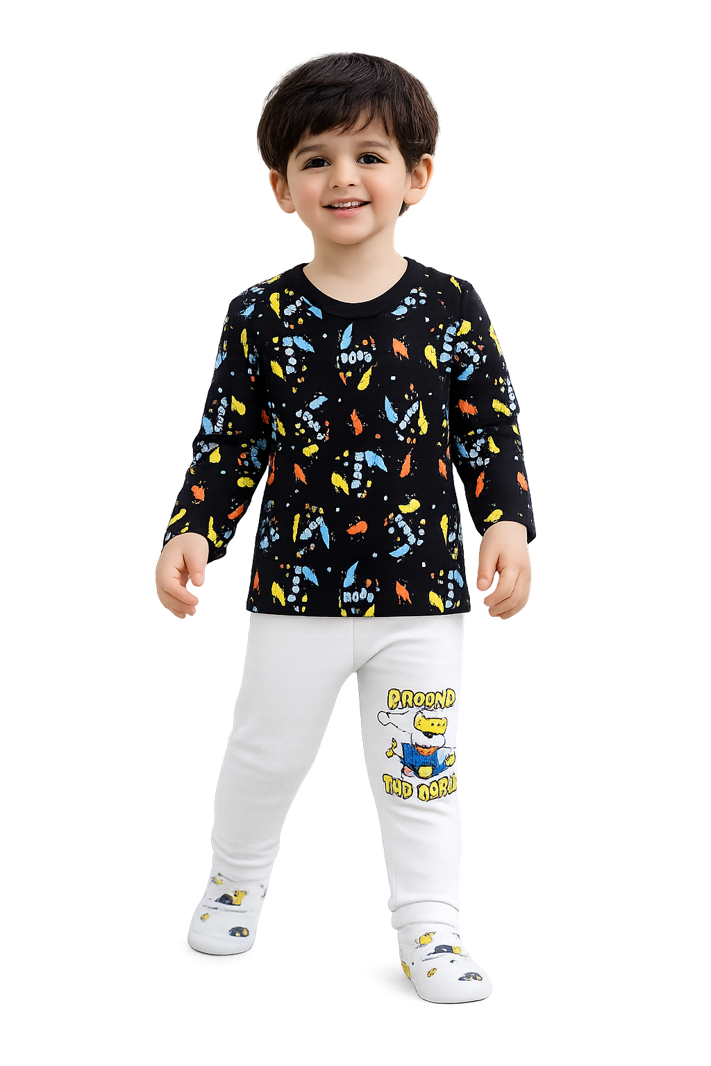 Child wearing a black long-sleeve shirt with colorful patterns and white pants with a cartoon character on a white background


