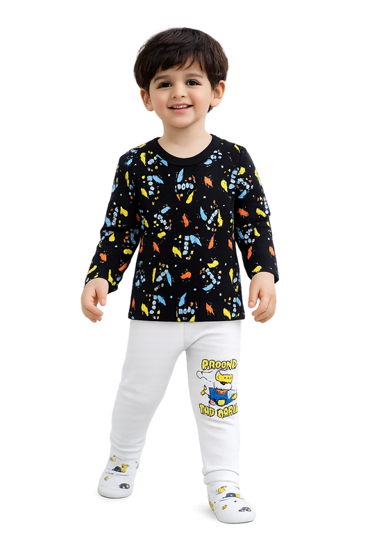 Child wearing a black long-sleeve shirt with colorful patterns and white pants with a cartoon character on a white background

