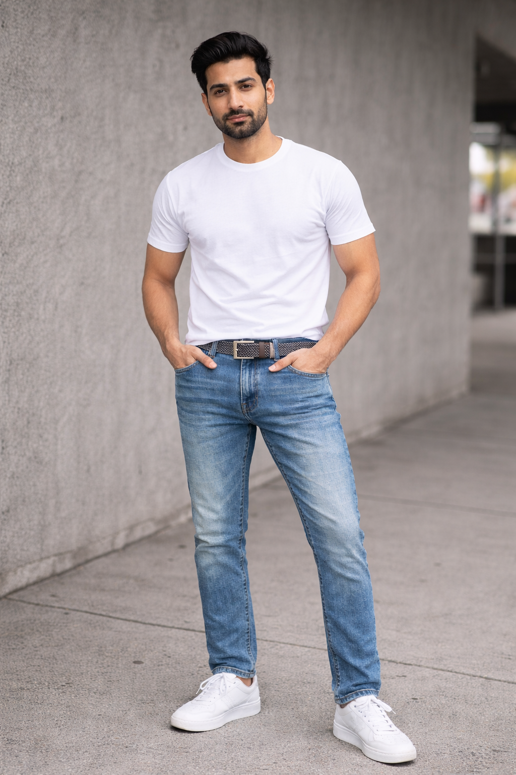 Man wearing a white t-shirt, blue jeans, and white sneakers against a gray wall.

