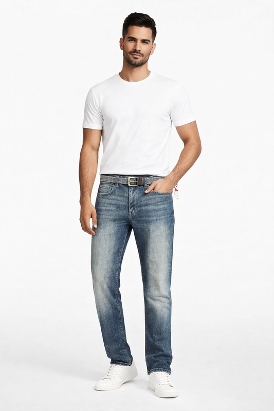 Man wearing a white t-shirt and blue jeans on a white background

