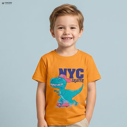 Child wearing an orange t-shirt with a dinosaur graphic and 'NYC Skater' text on a light blue background

