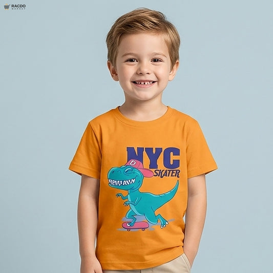 Child wearing an orange t-shirt with a dinosaur graphic and 'NYC Skater' text on a light blue background

