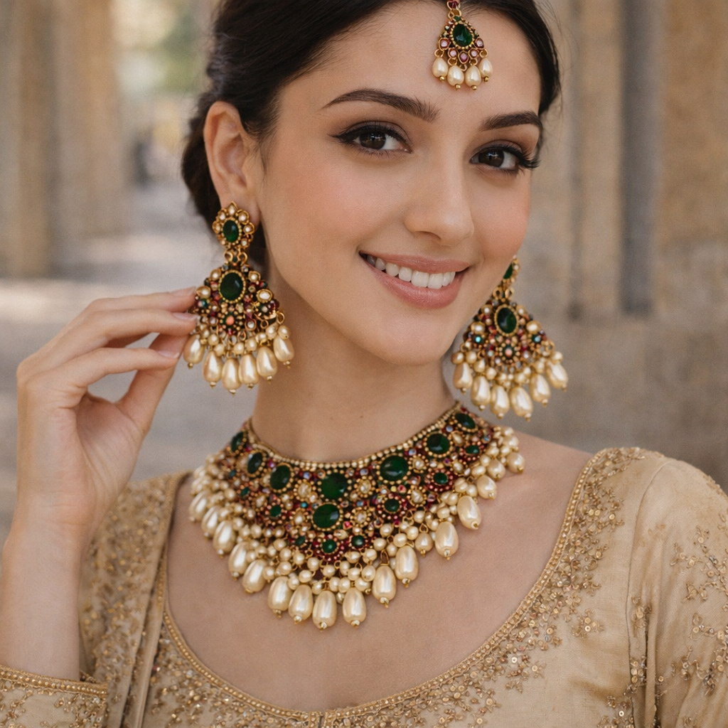 Woman wearing elaborate gold and green jewelry set outdoors

