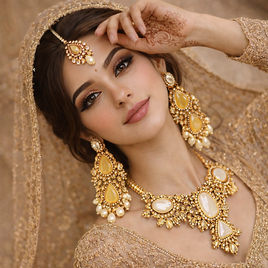 Woman wearing gold jewelry with a neutral background