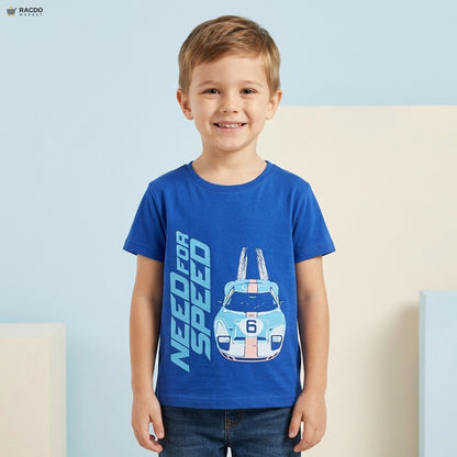 Child wearing a blue t-shirt with a car graphic and 'Need for Speed' text on a light blue background

