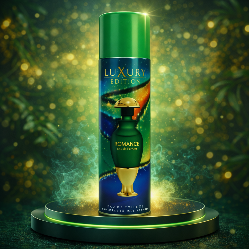 Luxury edition perfume bottle packaging with a green and blue design on a decorative stand.