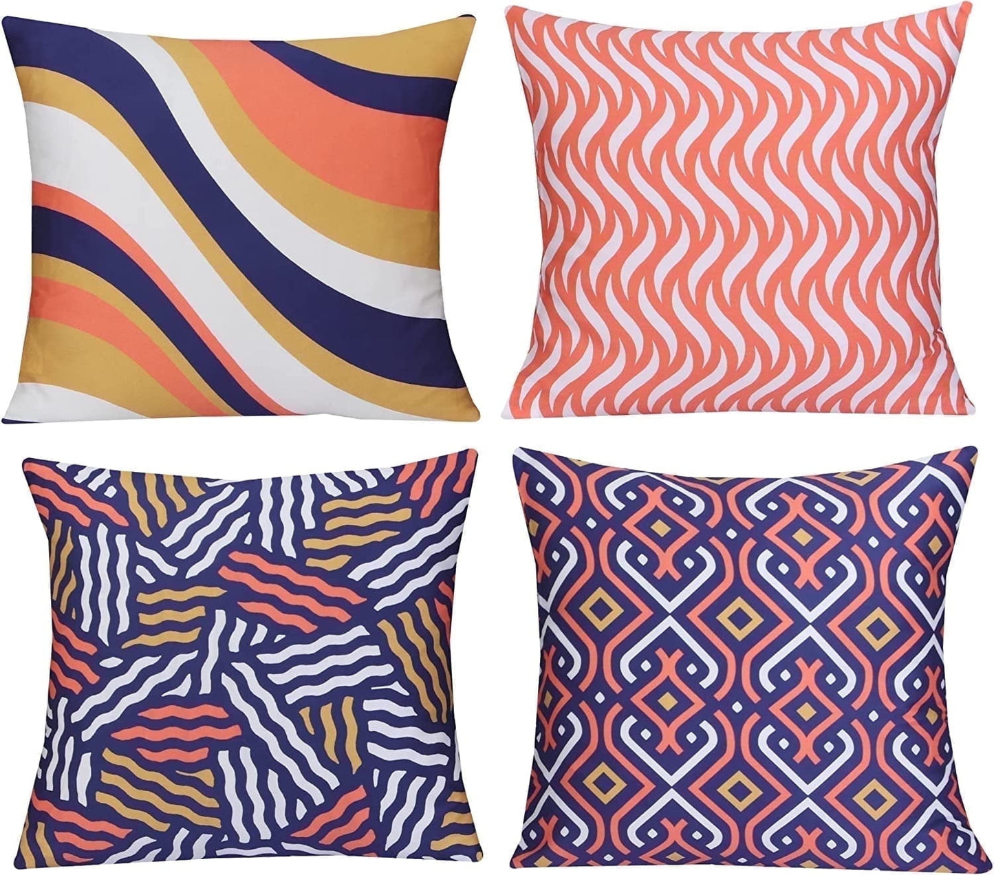 Cotton Fabric Throw Pillows, 4 Pack (16"x16") Cover & Insert, Blue and Orange Spiral