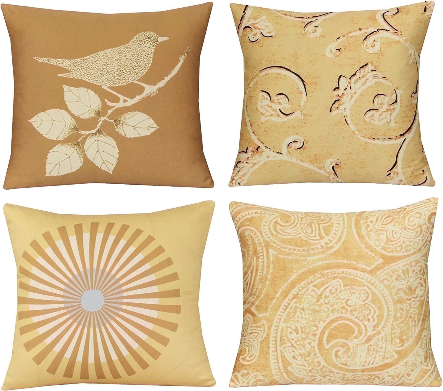 Cotton Fabric Throw Pillows, 4 Pack (16"x16") Cover & Insert, Golden Floral