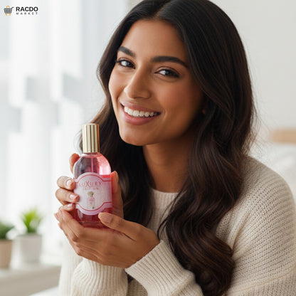 Woman holding a bottle of 'Luxury' product with a blurred indoor background