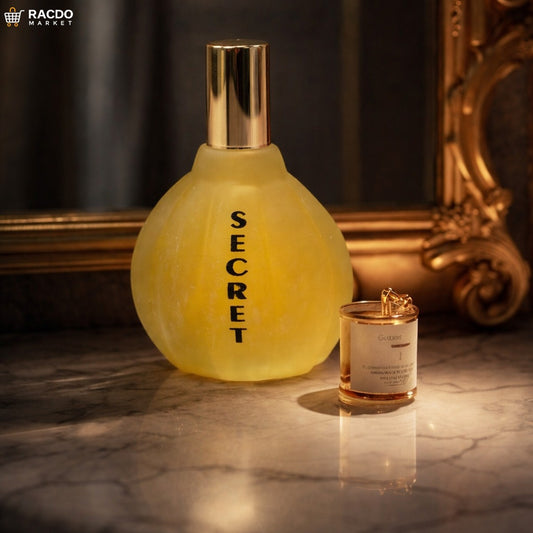 Perfume bottle labeled 'Secret' on a marble surface with a gold frame in the background.