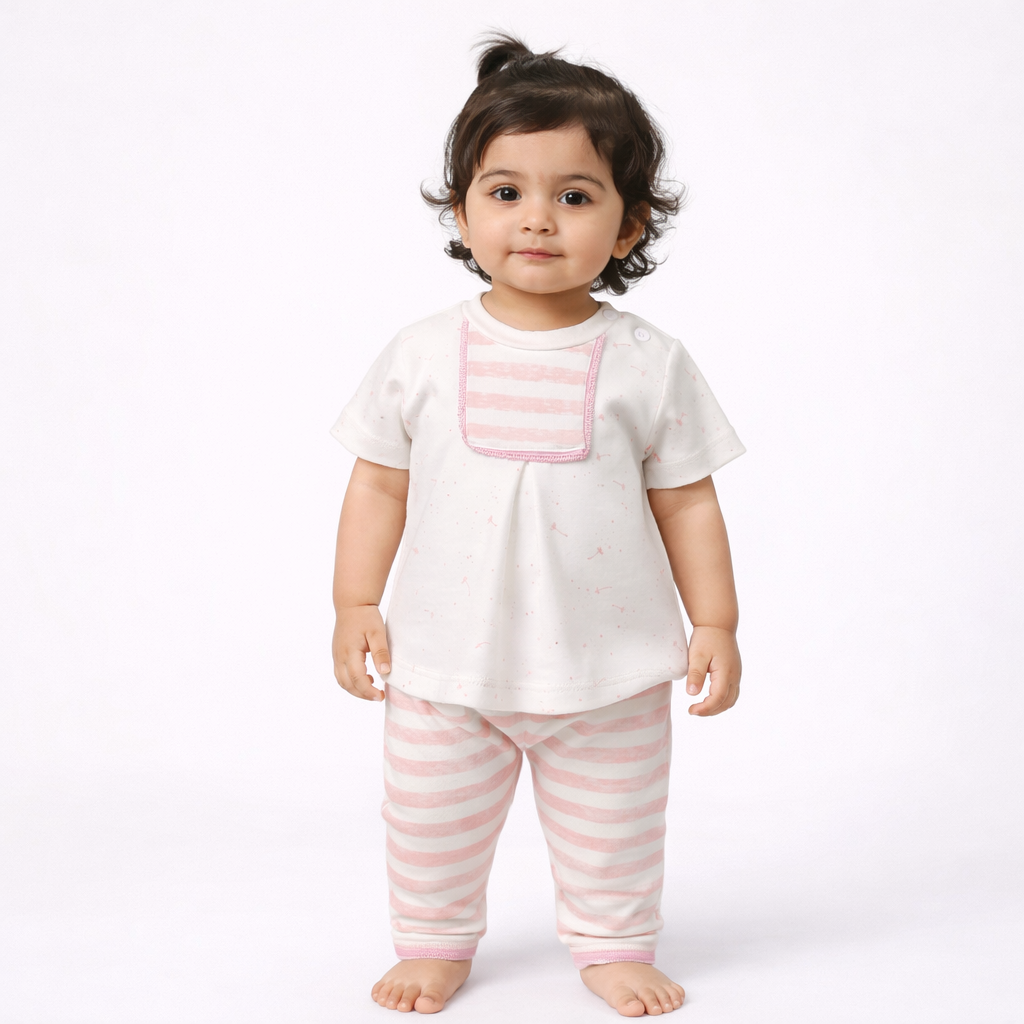Child wearing a white shirt with pink stripes and matching pants on a white background

