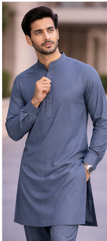 Man wearing a blue kurta with a blurred background

