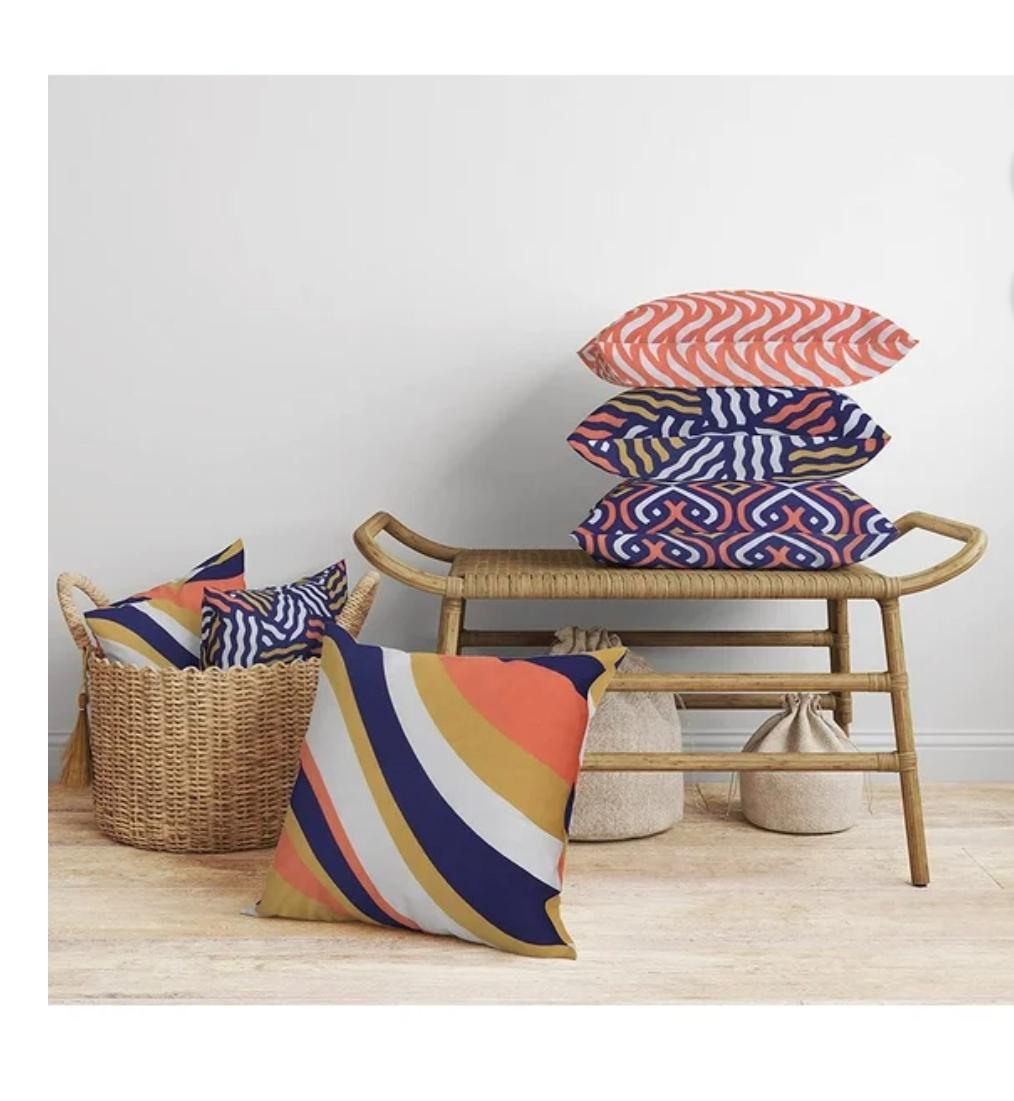 Cotton Fabric Throw Pillows, 4 Pack (16"x16") Cover & Insert, Blue and Orange Spiral