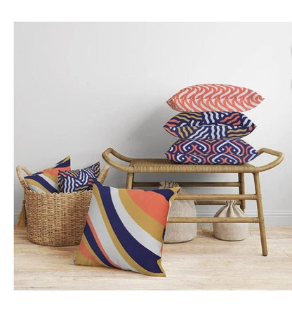 Cotton Fabric Throw Pillows, 4 Pack (16"x16") Cover & Insert, Blue and Orange Spiral