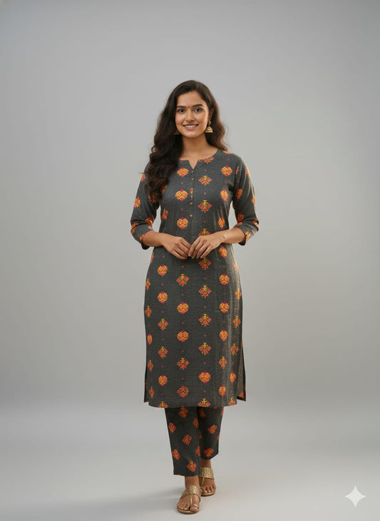 Charcol Grey Lilen Printed 2PC Unstitched