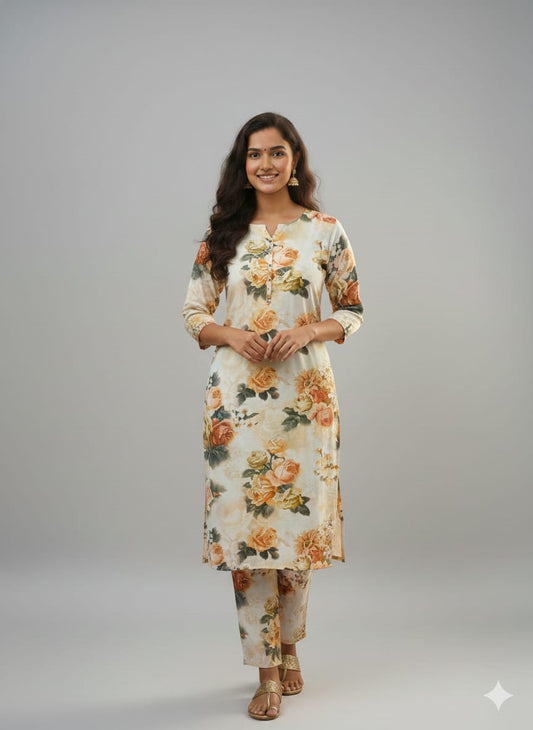 Off White Lilen Printed 2PC Unstitched