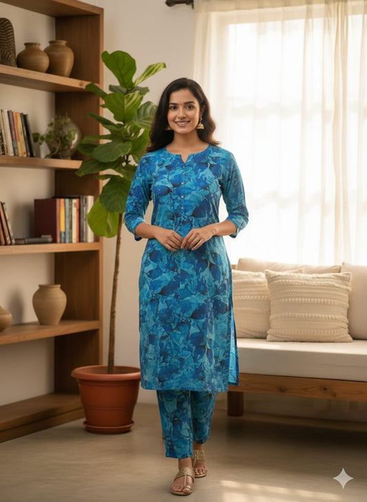 Teal Blue Lilen Printed 2PC Unstitched