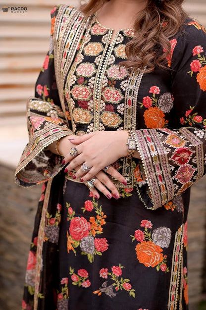 لگژری سلک 3 پیس ان اسٹچڈ بلیک سوٹ V263 | خواتین کا خوبصورت فارمل لباس