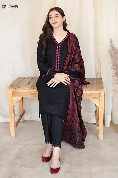3 Piece Dhanak Shirt with Printed Wool Shawl – Premium Unstitched Women Suit