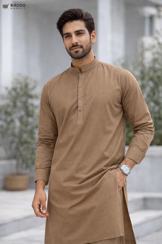 مردوں کے لیے ایگزیکٹو براؤن پریمیم ان سٹچ سوٹ – پاکستان میں معیاری فیبرک خریدیں | RacdoMarket