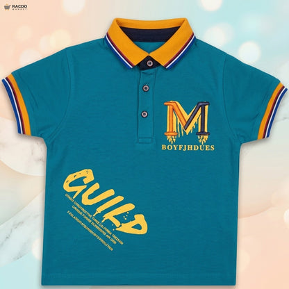 Kids Teal & Yellow Accent Polo Shirt – Stylish Graphic Cotton T-Shirt for Daily Wear