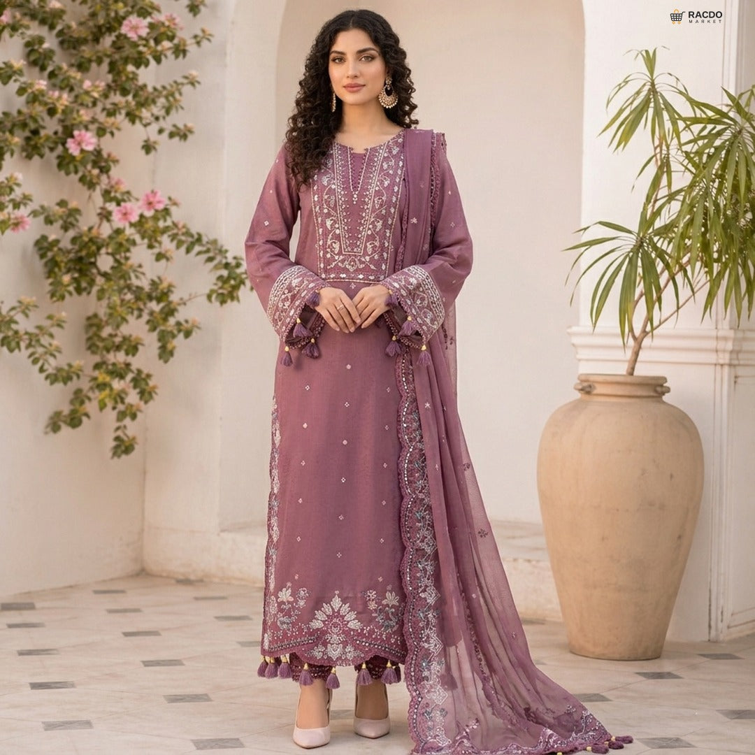 خواتین کے لیے روز پنک ان سٹچڈ پریمیم سوٹ | نرم، سانس لینے والا فیبرک – RACDO MARKET