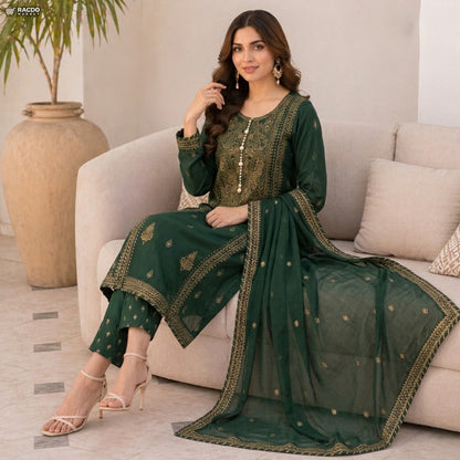Green Embroidered 3 Piece Lawn Suit for Women – Elegant Unstitched Pakistani Dress | RACDO Market