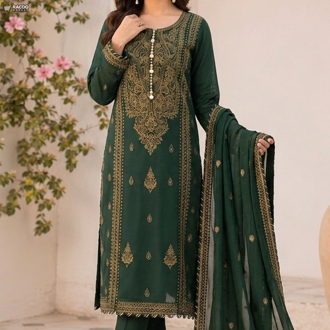 Green Embroidered 3 Piece Lawn Suit for Women – Elegant Unstitched Pakistani Dress | RACDO Market