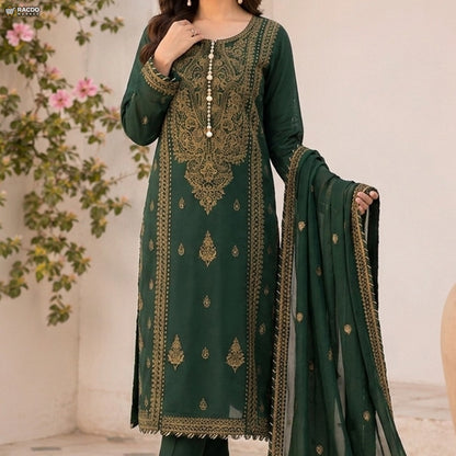 Green Embroidered 3 Piece Lawn Suit for Women – Elegant Unstitched Pakistani Dress | RACDO Market