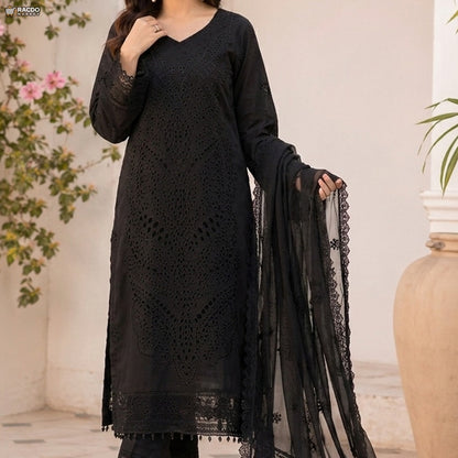 Black Traditional Embroidered 3 Piece Suit for Women – Elegant Pakistani Unstitched Dress | RACDO Market