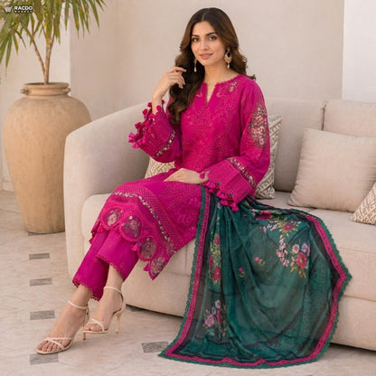 Pink Embroidered 3 Piece Suit with Green Dupatta – Elegant Women Unstitched Lawn Dress Pakistan | RACDO Market