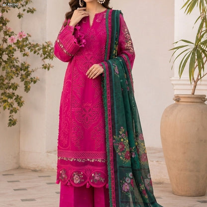 Pink Embroidered 3 Piece Suit with Green Dupatta – Elegant Women Unstitched Lawn Dress Pakistan | RACDO Market