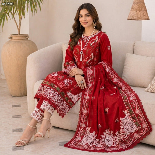 Red Embroidered Traditional 3 Piece Suit for Women – Elegant Unstitched Pakistani Dress | RACDO Market