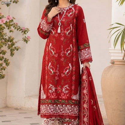 Red Embroidered Traditional 3 Piece Suit for Women – Elegant Unstitched Pakistani Dress | RACDO Market