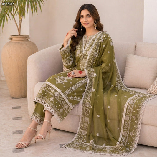 Green Embroidered Traditional 3 Piece Suit for Women – Elegant Unstitched Pakistani Dress | RACDO Market