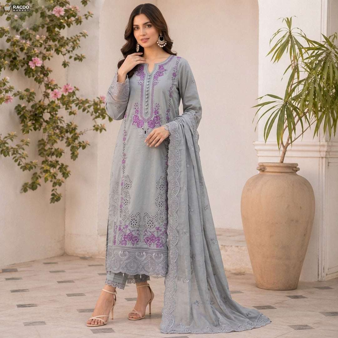 Gray Embroidered 3 Piece Suit for Women – Elegant Unstitched Pakistani Dress | RACDO Market
