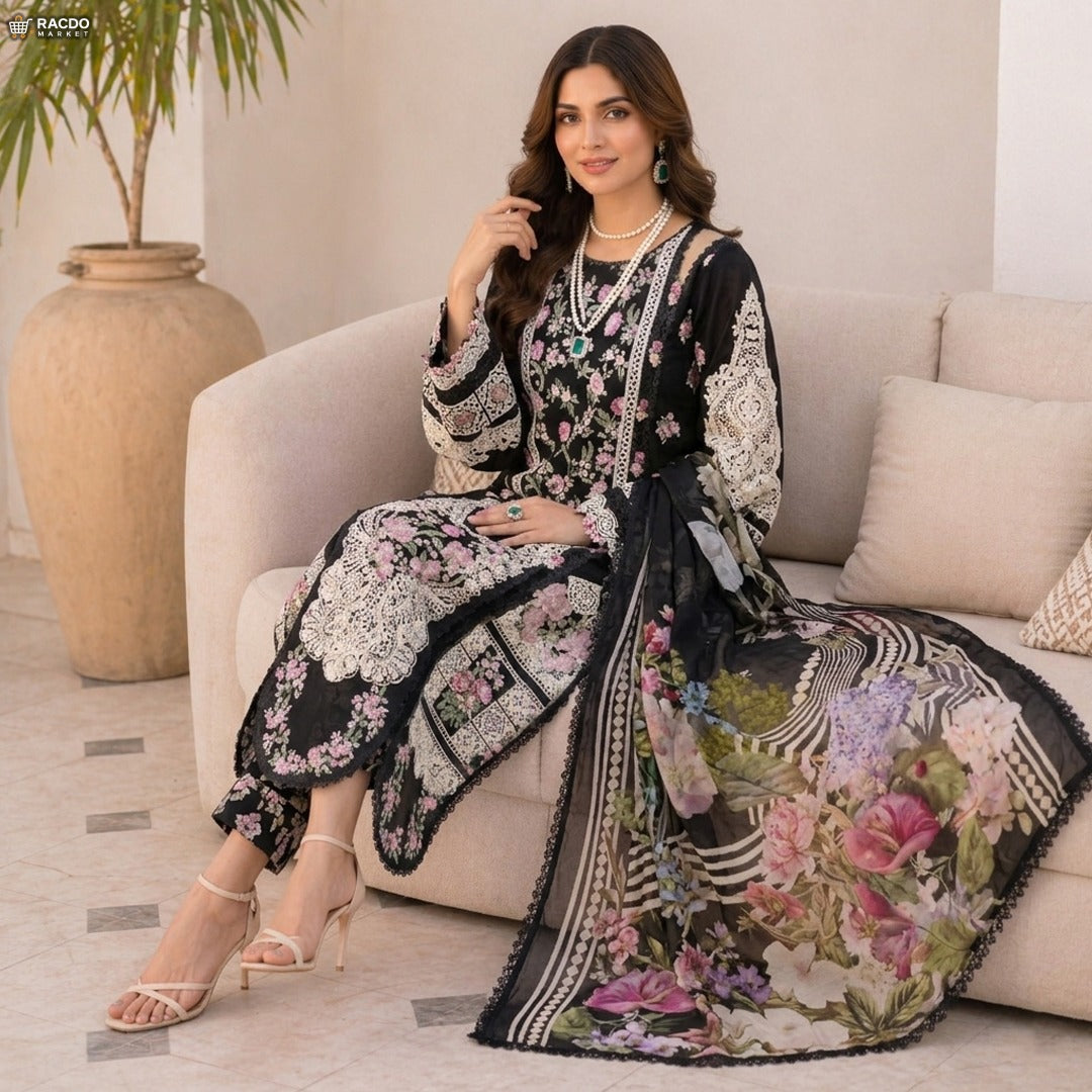 Floral Printed 3 Piece Lawn Suit for Women – Elegant Summer Unstitched Dress Pakistan | RACDO Market