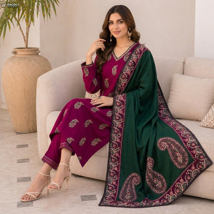 Green & Purple Traditional Embroidered 3 Piece Suit for Women – Elegant Unstitched Pakistani Dress | RACDO Market
