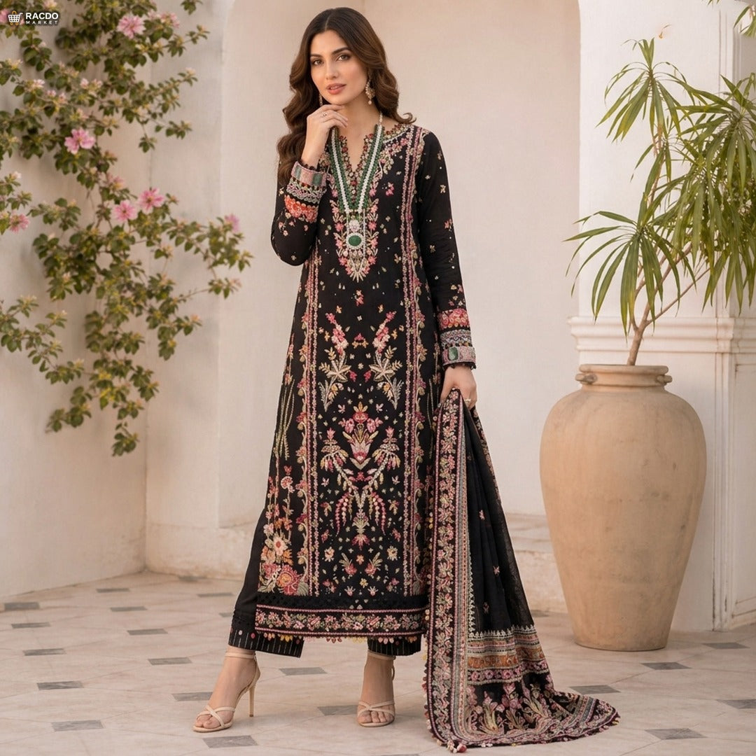 Black Multi Dress | Premium Unstitched Fabric for Women – RACDO MARKET Pakistan