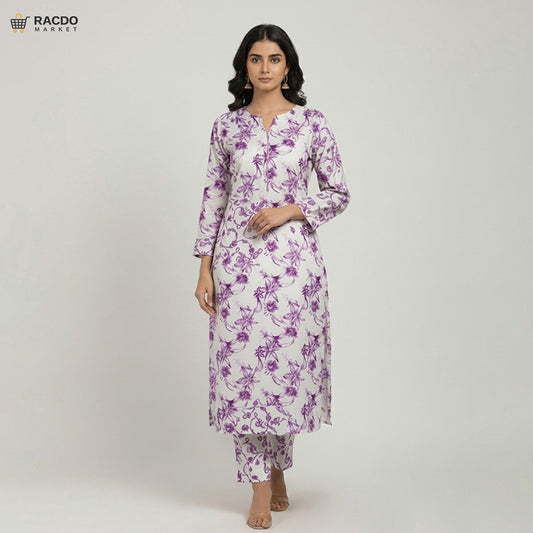 آف وائٹ لینن پرنٹڈ 2PC ان اسٹچڈ | پریمیم فیبرک سوٹ – Racdo Market