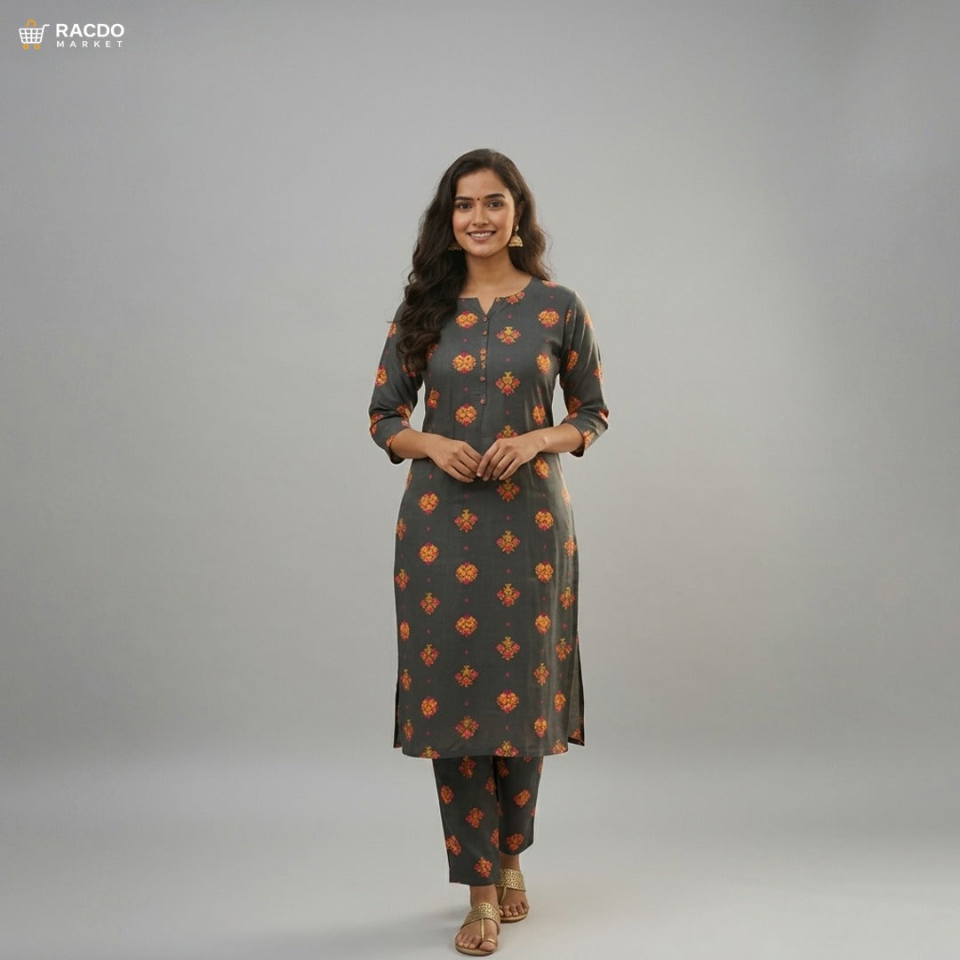 چارکول گرے لیلن پرنٹڈ 2PC ان اسٹچڈ - پریمیم فیبرک سوٹ | ریکڈو مارکیٹ