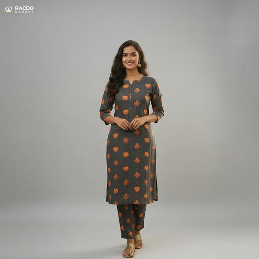 چارکول گرے لیلن پرنٹڈ 2PC ان اسٹچڈ - پریمیم فیبرک سوٹ | ریکڈو مارکیٹ