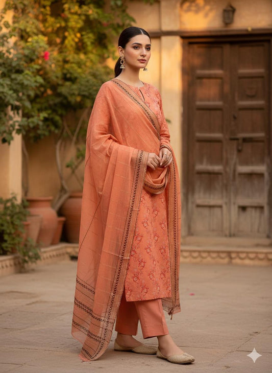 Peach Luxury Jacquard Lawn Printed 3PC Unstitched
