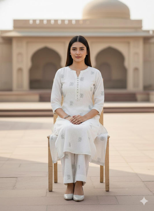 White Boring Fabric Fancy Printed 2PC Unstitched