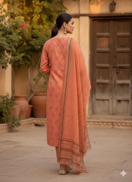 Peach Luxury Jacquard Lawn Printed 3PC Unstitched