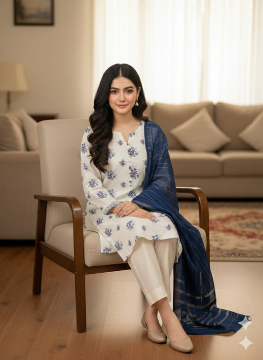 Ivory Luxury Jacquard Lawn Printed 3PC Unstitched