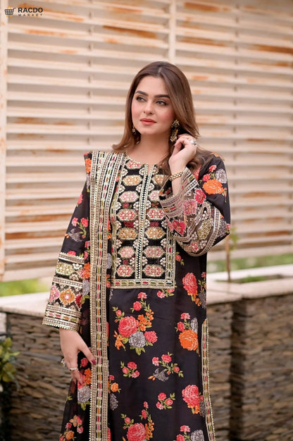 لگژری سلک 3 پیس ان اسٹچڈ بلیک سوٹ V263 | خواتین کا خوبصورت فارمل لباس