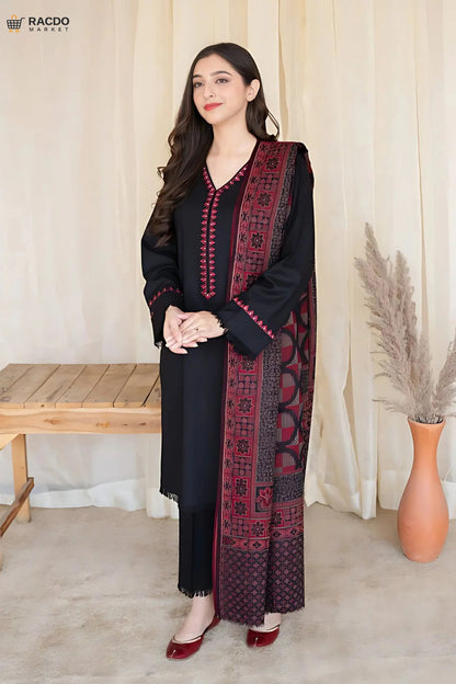 3 Piece Dhanak Shirt with Printed Wool Shawl – Premium Unstitched Women Suit