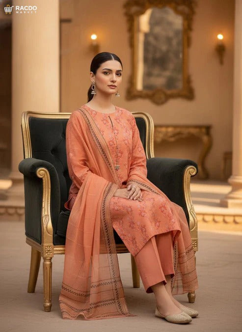 Peach Luxury Jacquard Lawn Printed 3PC Unstitched – Premium Lawn Fabric for Women | RACDO MARKET